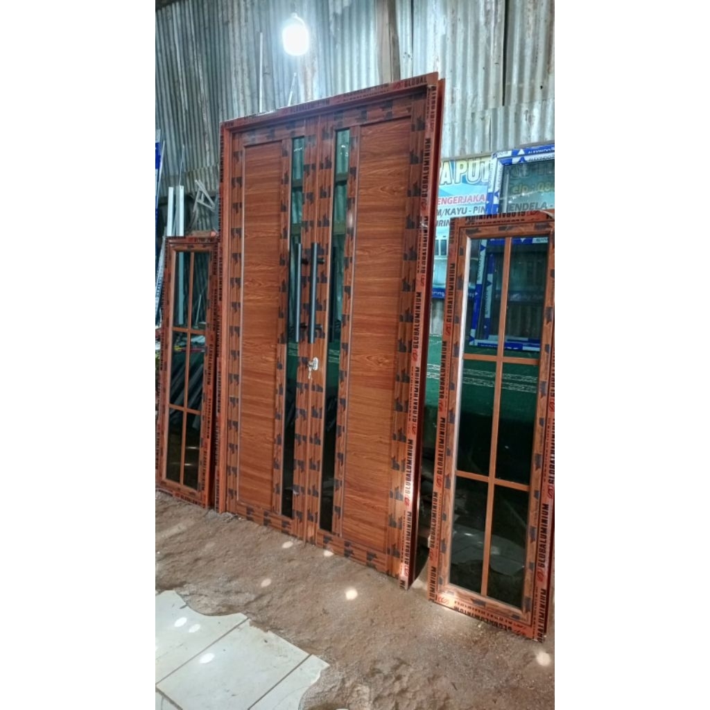 kusen+pintu dobel alumunium T210 L130 + kusen jendela T180 L50 kanan kiri motif serat kayu lengkap t