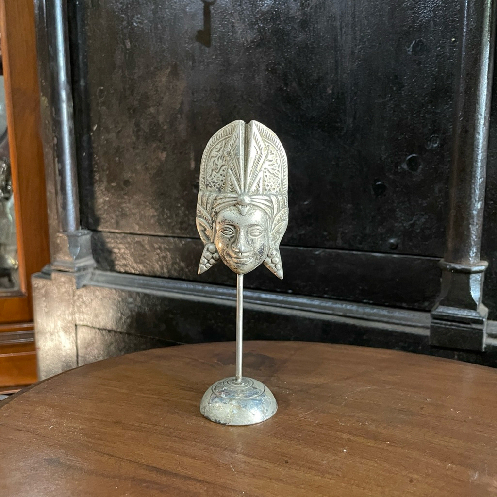 Topeng Lapis Perak Dekorasi Ukir Wajah Laki Laki Bali Kecil Lawas Jadul Tua