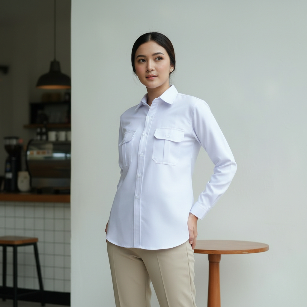 Baju PDH Putih American Drill Premium Pria Dan Wanita Baju Seragam Dinas Harian Terbaru