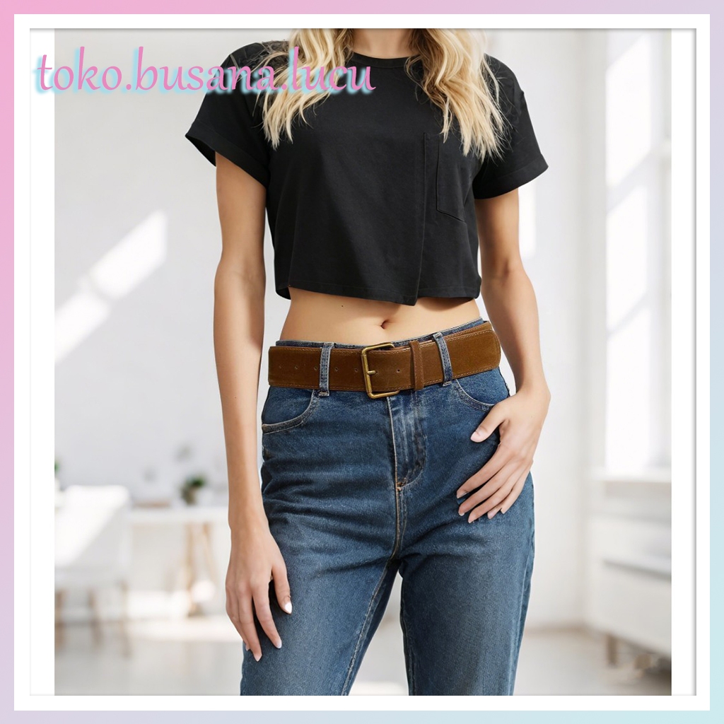 Ikat Pinggang Lebar Wanita Sabuk Kulit PU Suede Amerika Vintage Hot Trendi Belt Kekinian Untuk Dress