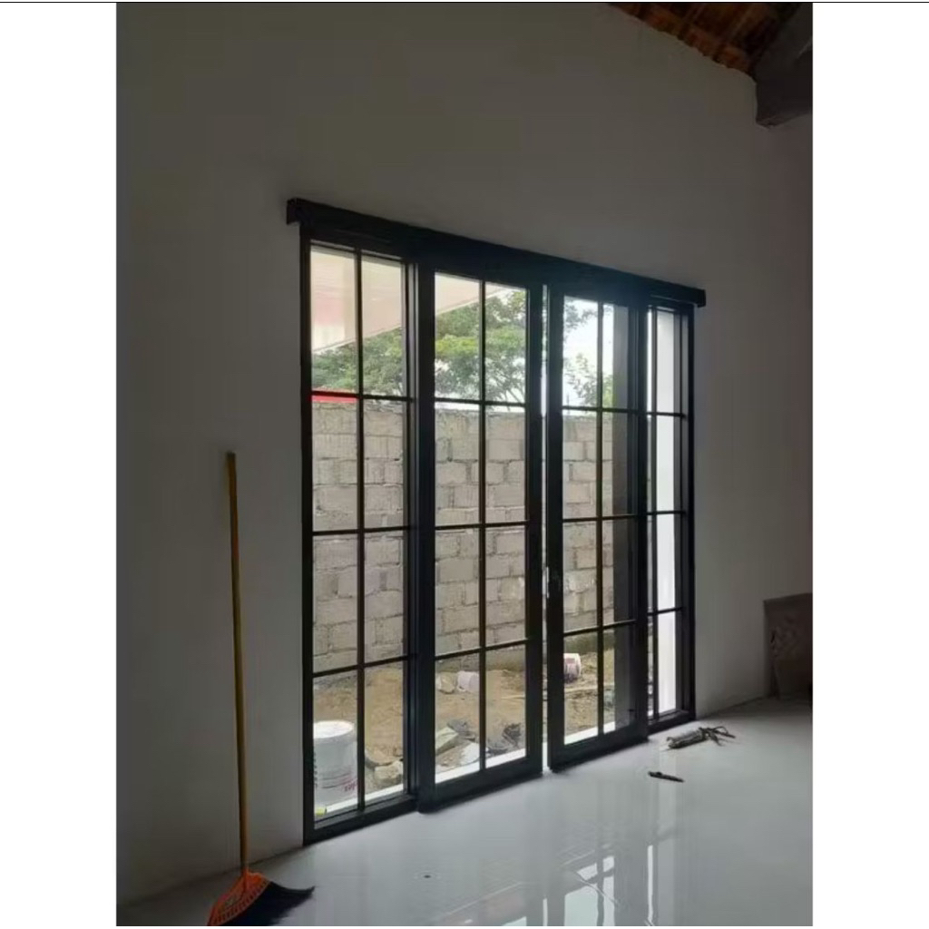 pintu aluminium sleding 3inci dan 4 inci  lebar 220 x tinggi 210  2 daun+kaca mati 2 daun ornamen fu