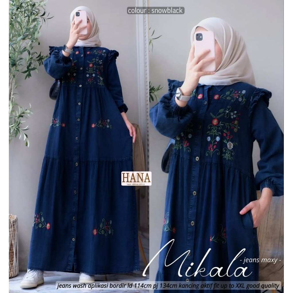 Mikala dress jeans import by hana dress levis bordir mewah  gamis denim full kancing dress jeans was