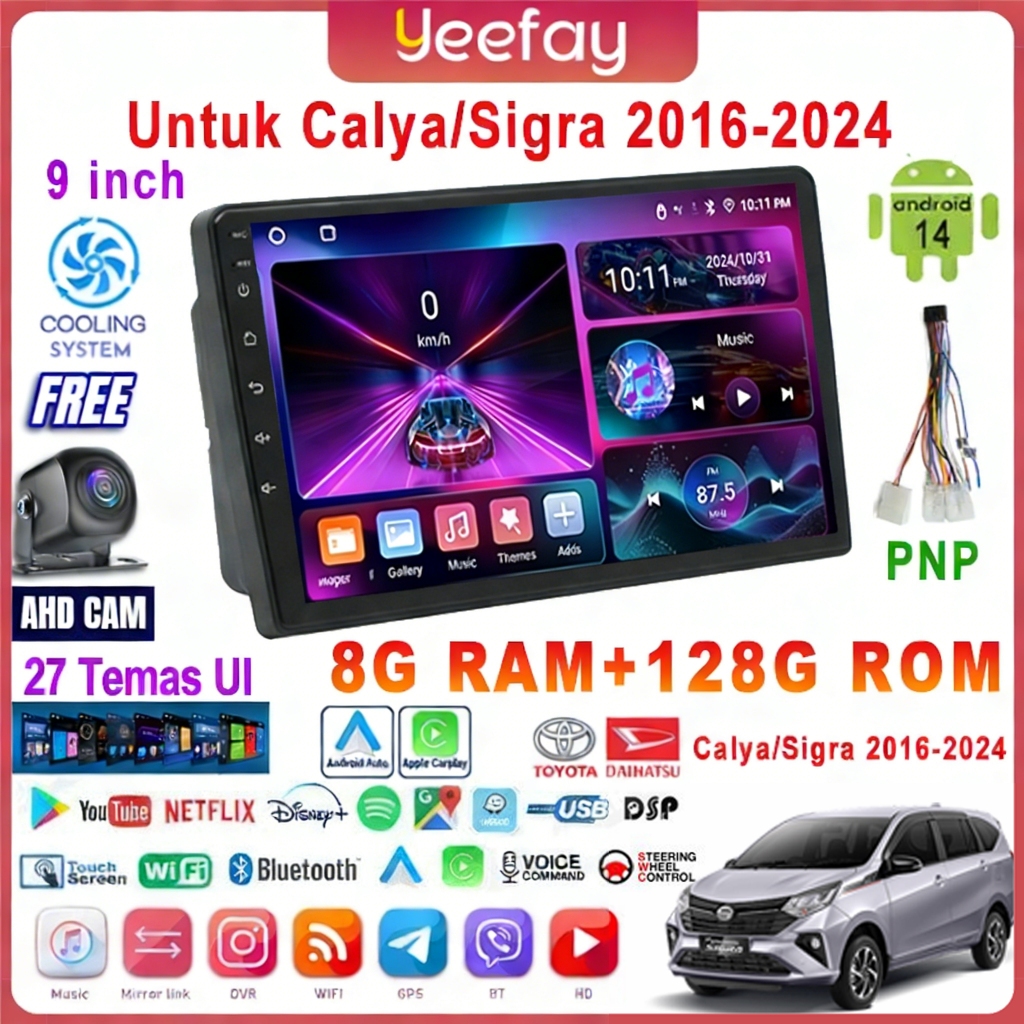 LALAHOO Untuk Calya/Sigra 2016-2024  8G+128G Android 14 Head Unit Termasuk Frame/PNP Soket 9 Inch