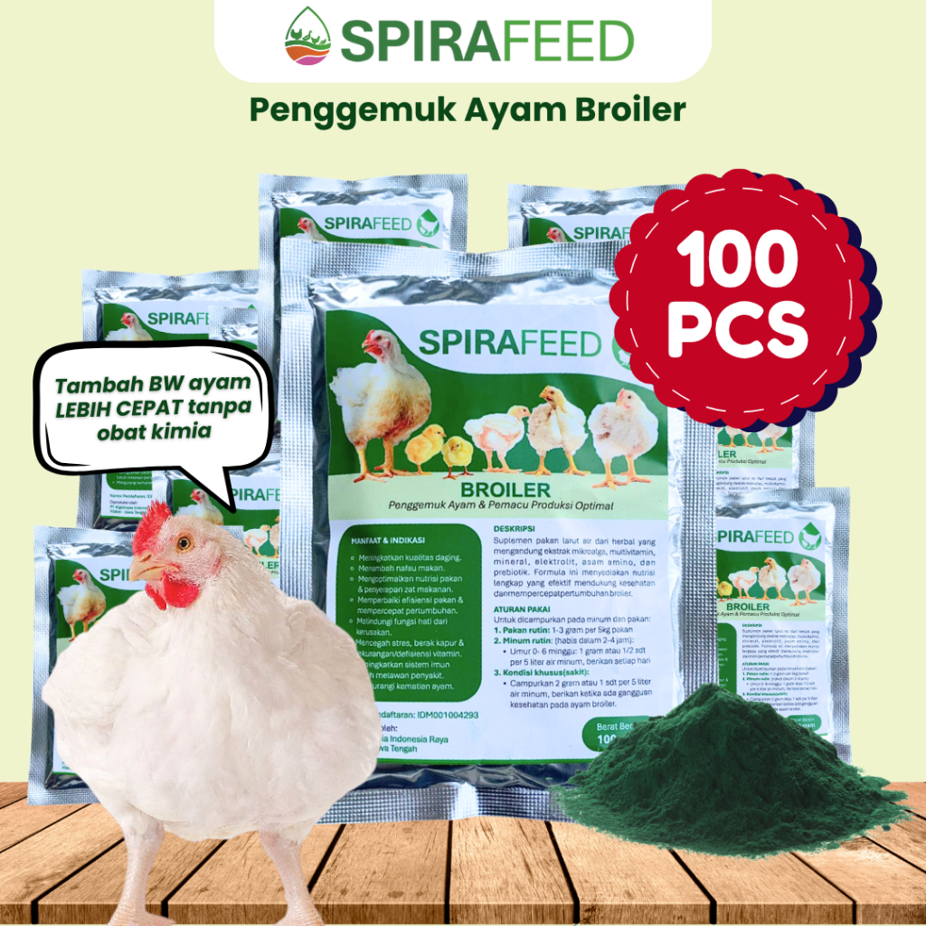 SPIRAFEED Broiler Paket 100 PCS – Suplemen Pakan Ayam Pedaging | Penggemuk Ayam Broiler
