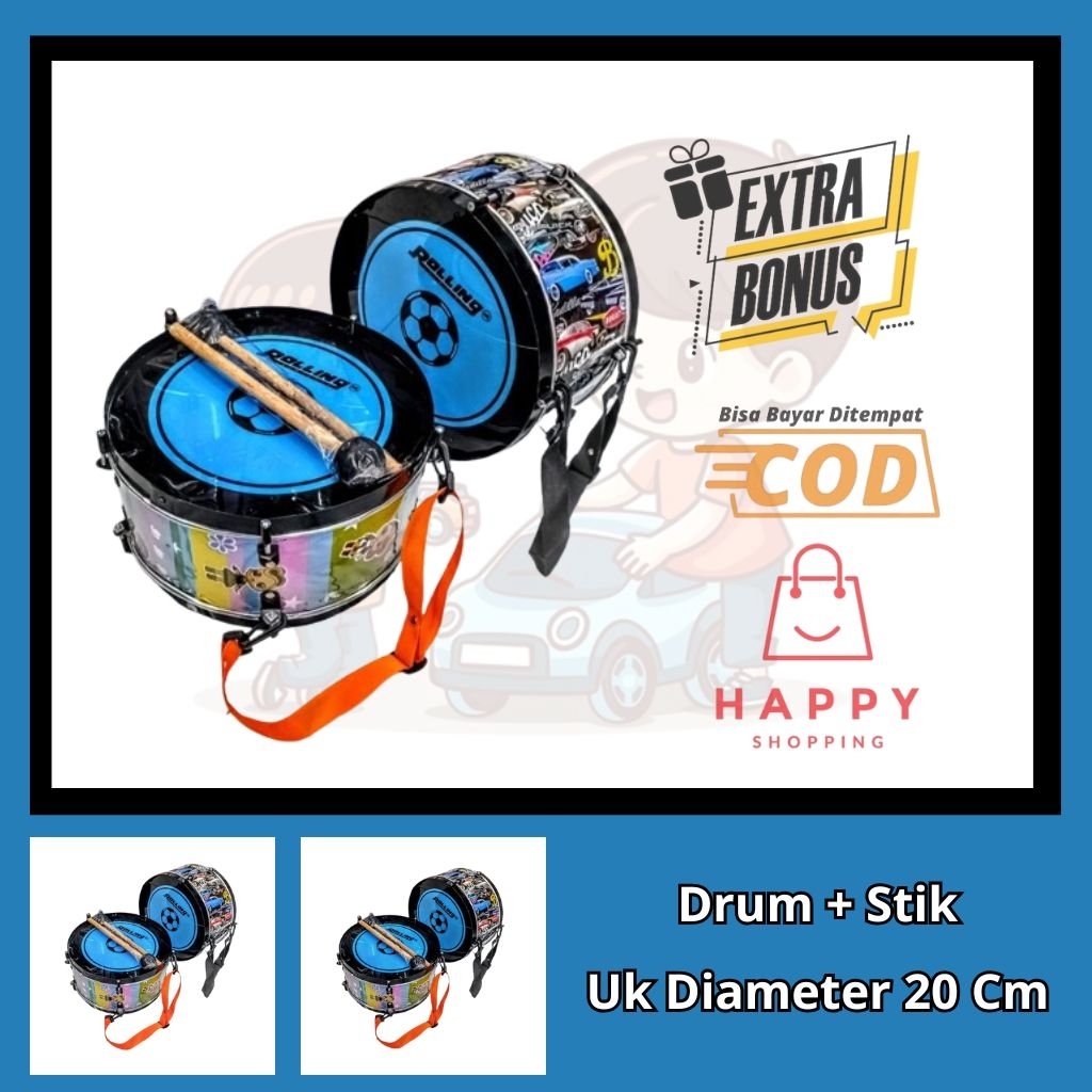 mainan drum anak, mainan drum besi ada tali dan stik, mainan drum band bahan aman, drum besar kecil