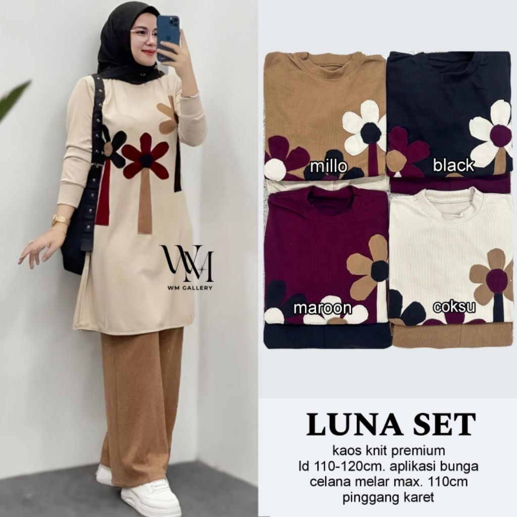 LUNA // FLOWER // ABBEL SET // SETELAN TUNIK CELANA KNIT POLOS // ORI BY WM