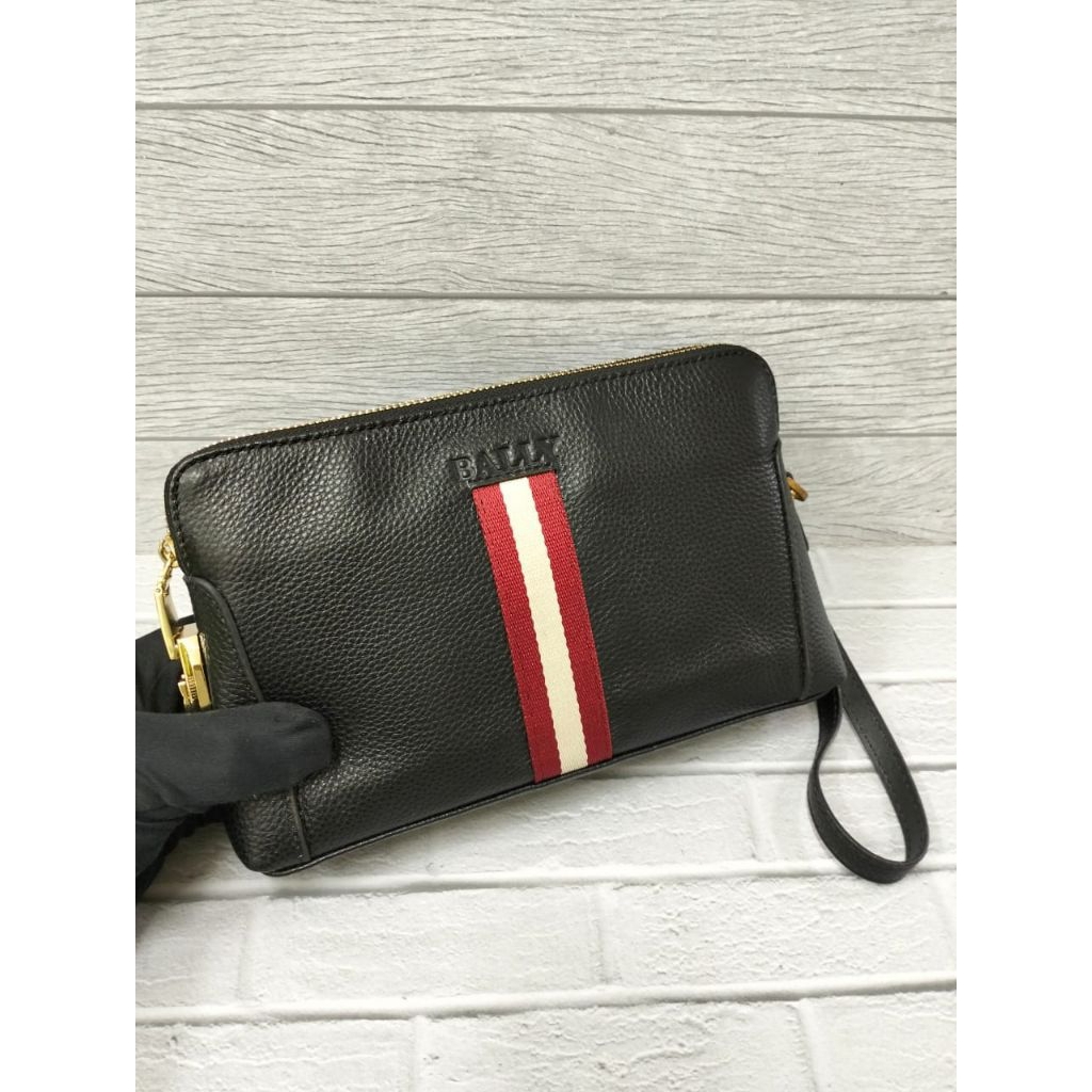 Handbag clutch pria bally dua zipper kulit asli