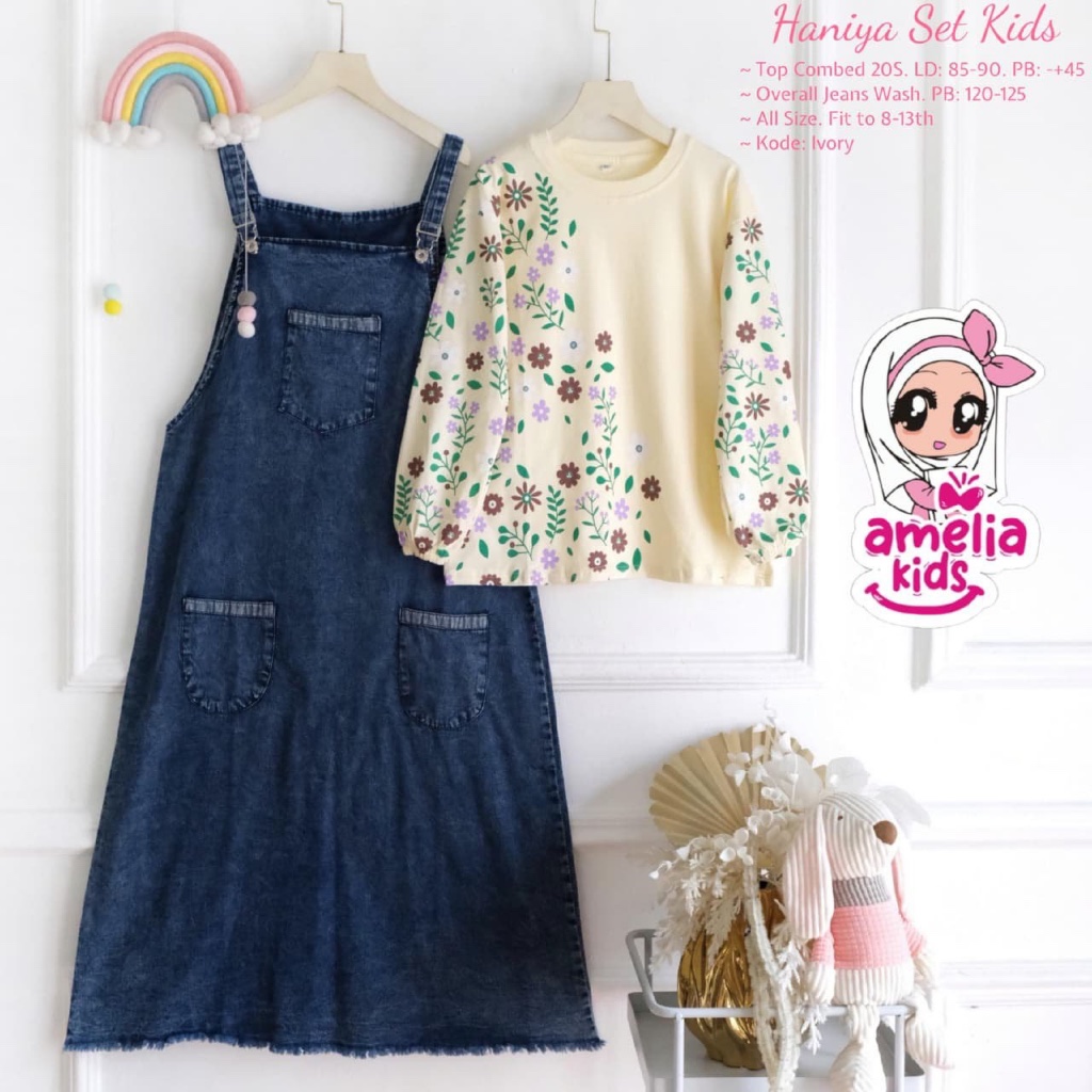 Haniya - Set Dress Gamis Overall Jeans dan Inner Kaos Anak Remaja Perempuan by Amelia Kids