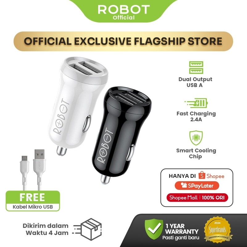 ROBOT Car Charger Mobil Dual USB 2.4A Fast Charging dengan Smart Chip & Fireproof Shell + FREE Kabel Micro USB RT-C07 Original - Kompatibel untuk Semua Kendaraan - Garansi Resmi 1 Tahun