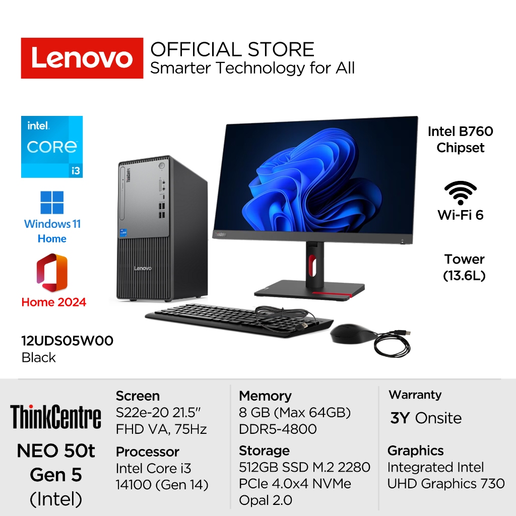 Lenovo PC ThinkCentre Neo 50t Gen 5 5W00 Intel Core i3 14100 Win11 8GB 512GB SSD Tower 13.6L Integra