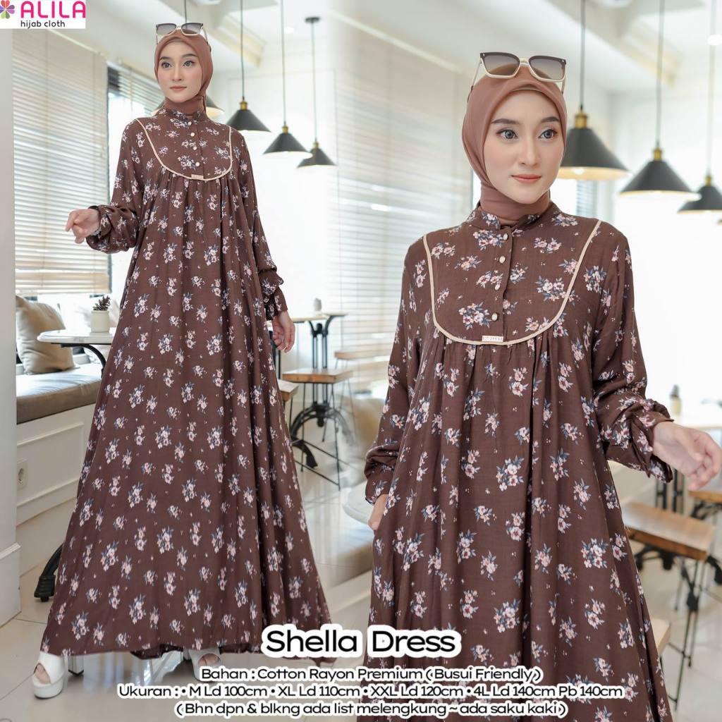 Shella Dress Gamis Wanita Original ALILA Hijab Cloth Cotton Rayon Premium Motif Bunga Terbaru Busui 