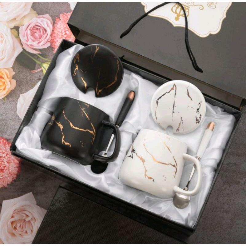 Hampers Gelas Marble Glass Couple / Canada Marble Mug Gift Box / Gelas Marble Tutup / Hampers Glass 