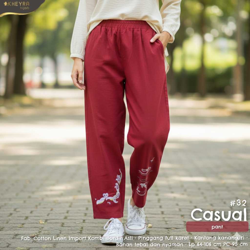 Casual Pant #32 Celana Kulot Panjang Wanita Original KHEYRA Hijab Cotton Linen Import Tebal Bordir A
