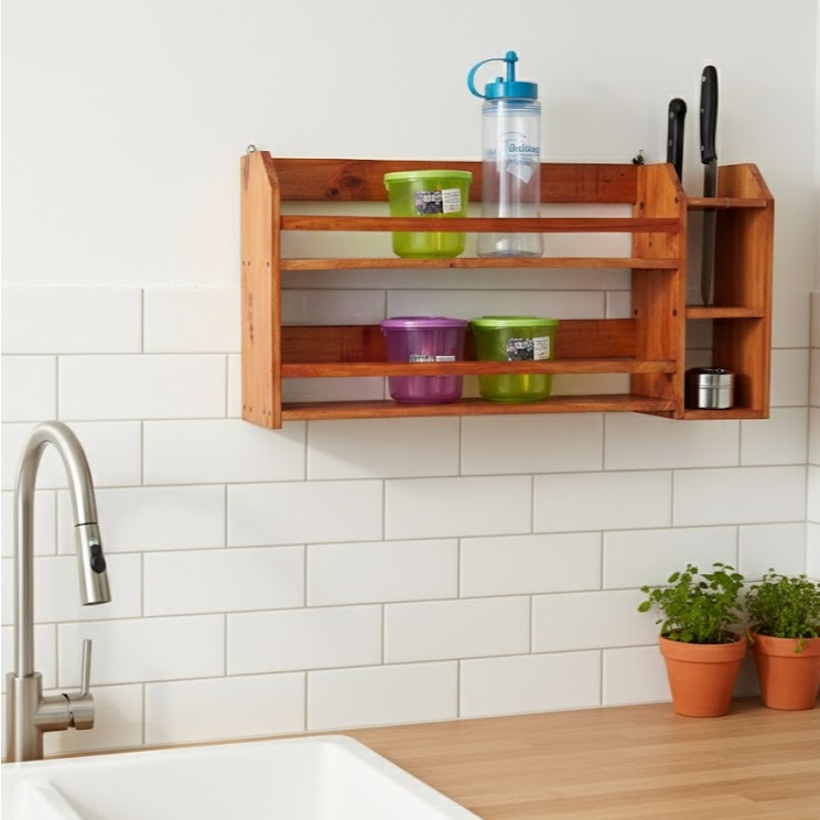 Rak Bumbu Dapur Kayu Serbaguna + Tempat Pisau & Botol Saus Tempel Dinding