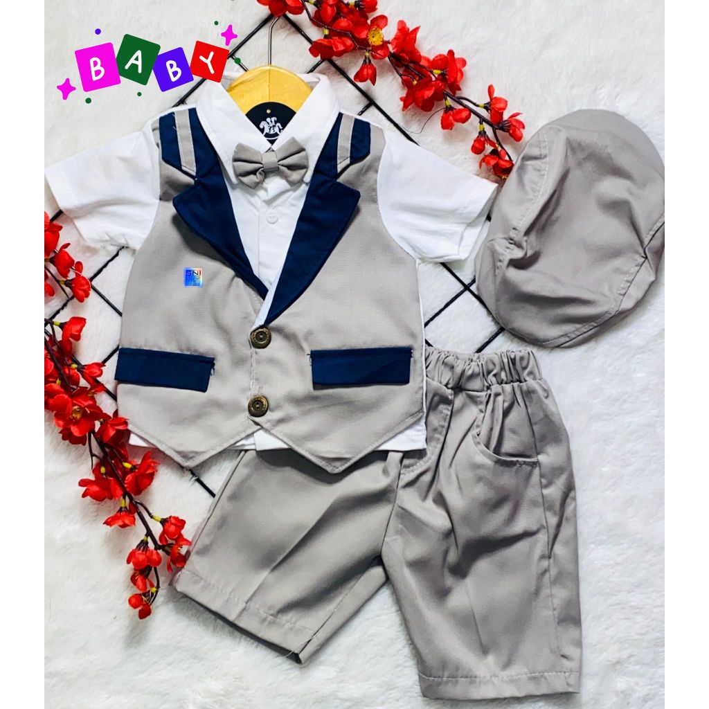Setelan BRANDED ROMPI TUXEDO FREE TOPI BORDIR anak laki laki , usia baby 3 sampai 12 bulan .
