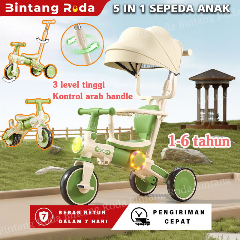 5 in 1 Sepeda Roda Tiga Anak - Balance Bike & Stroller Bayi, 5 Mode untuk Usia 1-6 Tahun,Dengan Kano