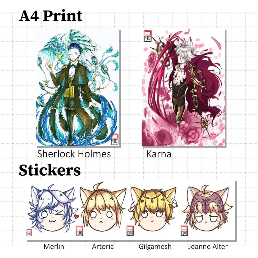 FGO A4 ArtPrint dan Stickers (Sherlock Holmes/Karna/Merlin/Artoria/Gilgamesh/Jeanne Alter)