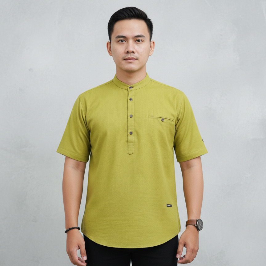 Kemeja Koko Kemko Pria Dewasa dan Anak Lengan Pendek Katun Hijau Lemon Lime