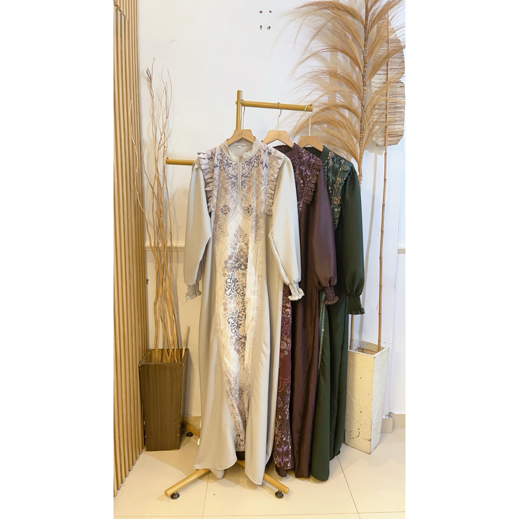 Gamis Raline Nabila Polos Mix Ceruty Motif Printing Terbaru By Hiraja