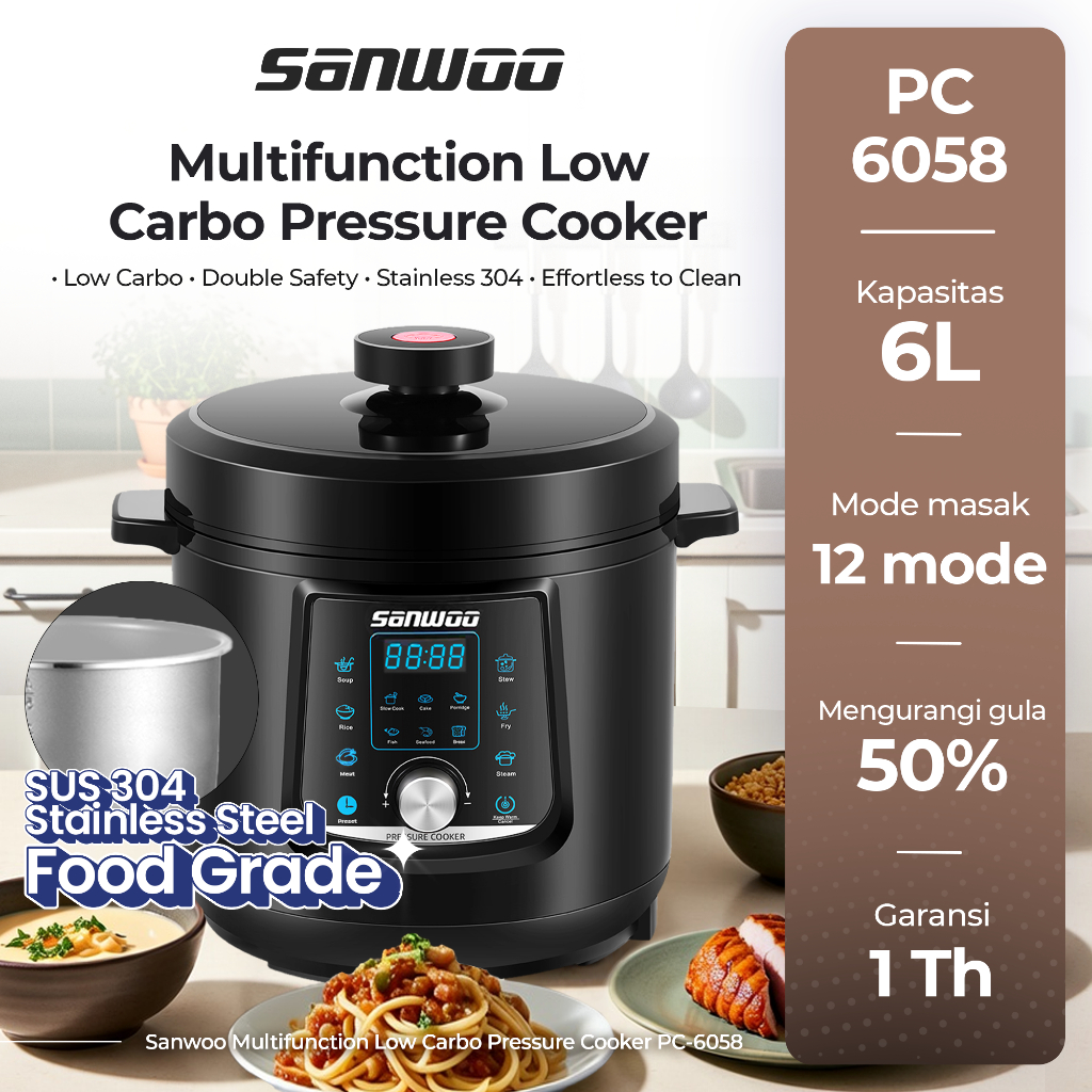 Sanwoo Multifunction Low Carbo Pressure Cooker 6L with SUS304 Main Bowl PC-6058 / Panci Presto Low W