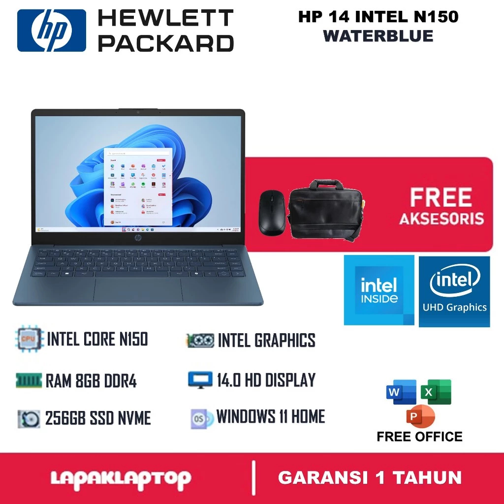 Laptop Baru HP 14 Intel Core N150 Ram 8GB 256GB Ssd Nvme Windows 11 Blue