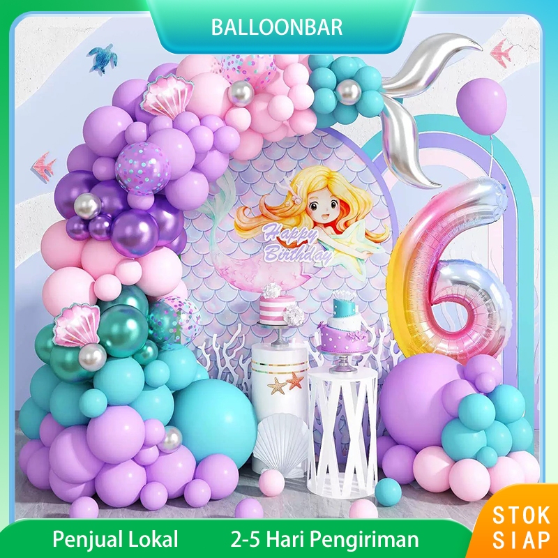87pcsKarangan balon berwarna-warni dengan tema putri duyung berwarna emas, ungu, dan biru, cocok unt
