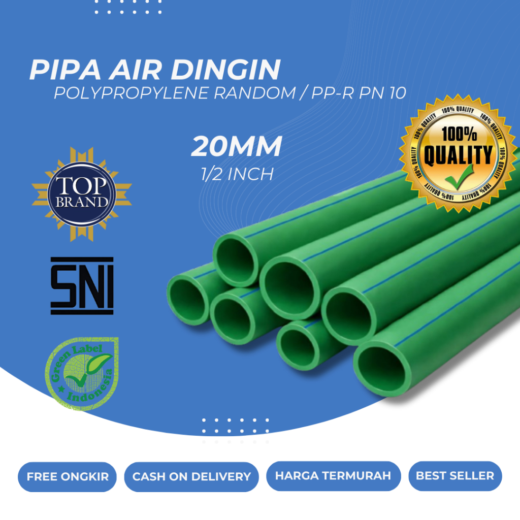 Pipa Air Dingin PPR 1/2 Inch PN10 Panjang 4 Meter | Pipa PPR PN 10 20mm | Pipa PPR Hijau 0,5 Inch at