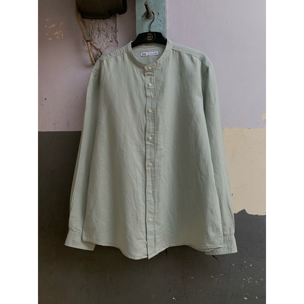 kemeja pria kerah shanghai Zara linen polos lengan panjang preloved