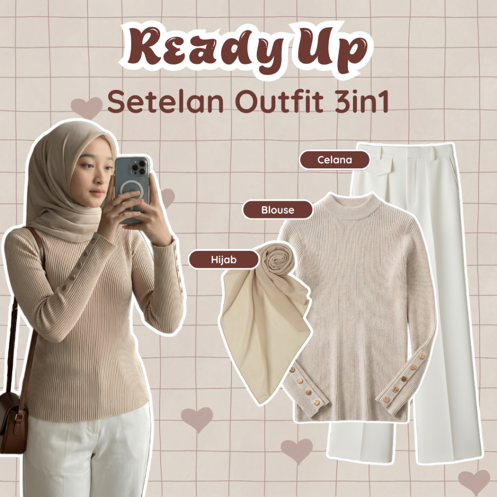 One Set Wanita Remaja | Blouse Rajut, Celana High Waist, Hijab Square | Setelan Baju Wanita Kekinian
