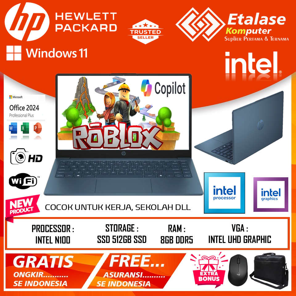 Laptop Hp 14 Series Intel Quadcore N150 Ram 16GB Windows11 Office 2024 Water Blue