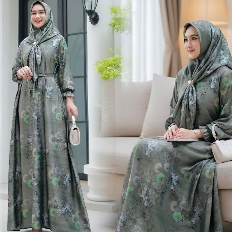 Gamis Sulina Set Khimar Busui Friendly Dior Silk Digital Print Lengan Rample