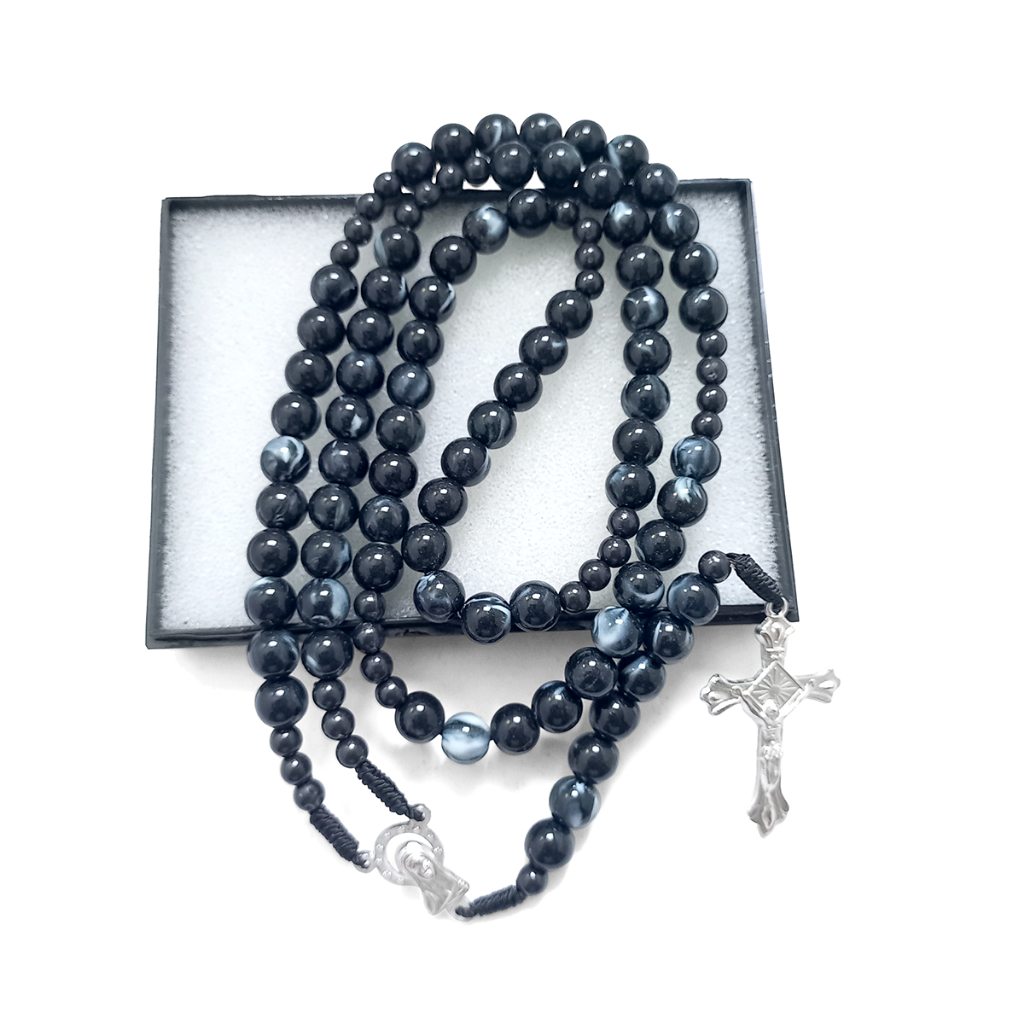 Kalung Rosario 77 Bapa Kami Mote Marmer Hitam - Rosario 77 Butir Kristal Akrilik Kado Rohani Katolik