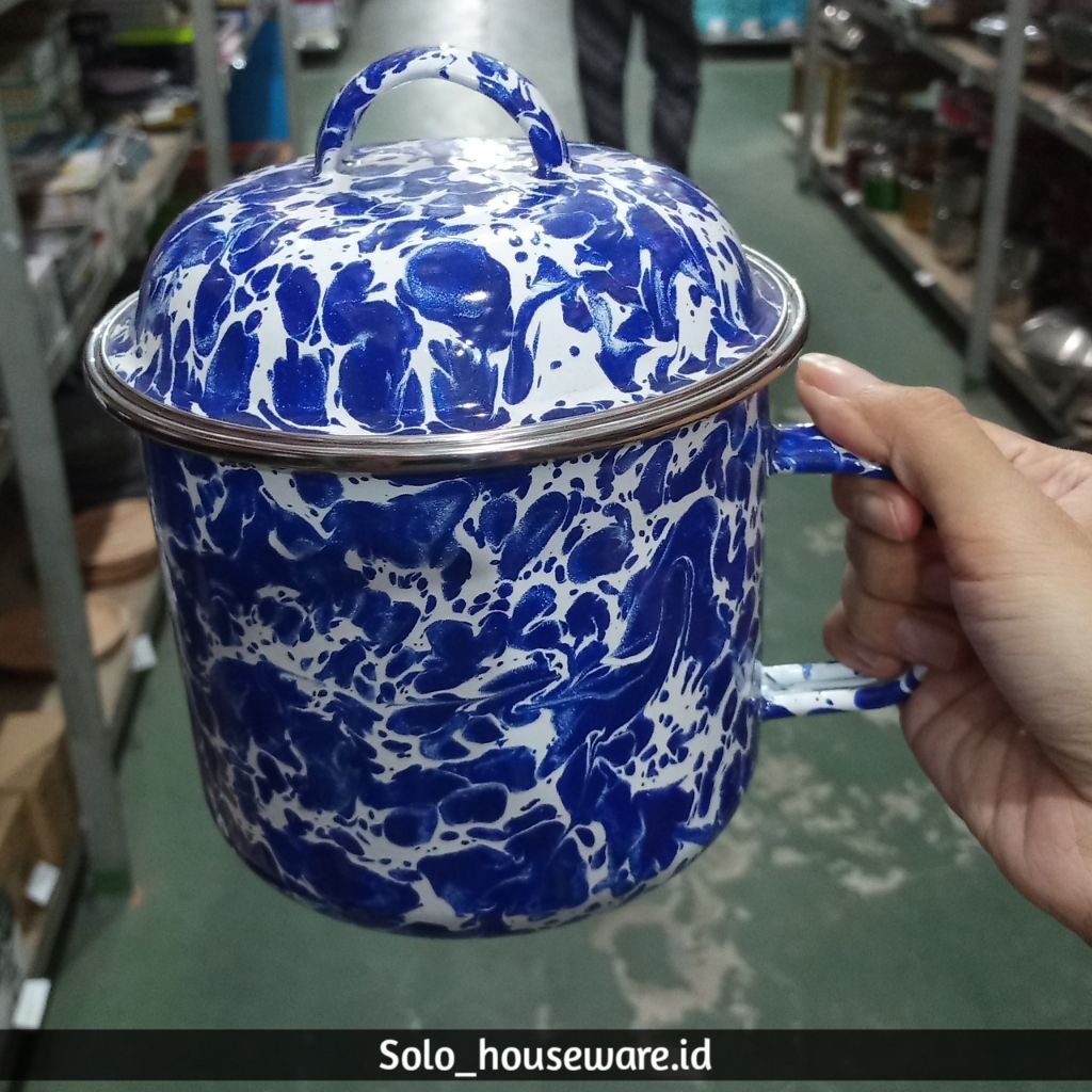 Cangkir+Tutup 12cm, 14 cm Enamel Tebal - Mug Cangkir Jadul Motif Blirik Kembang Ayam Jago