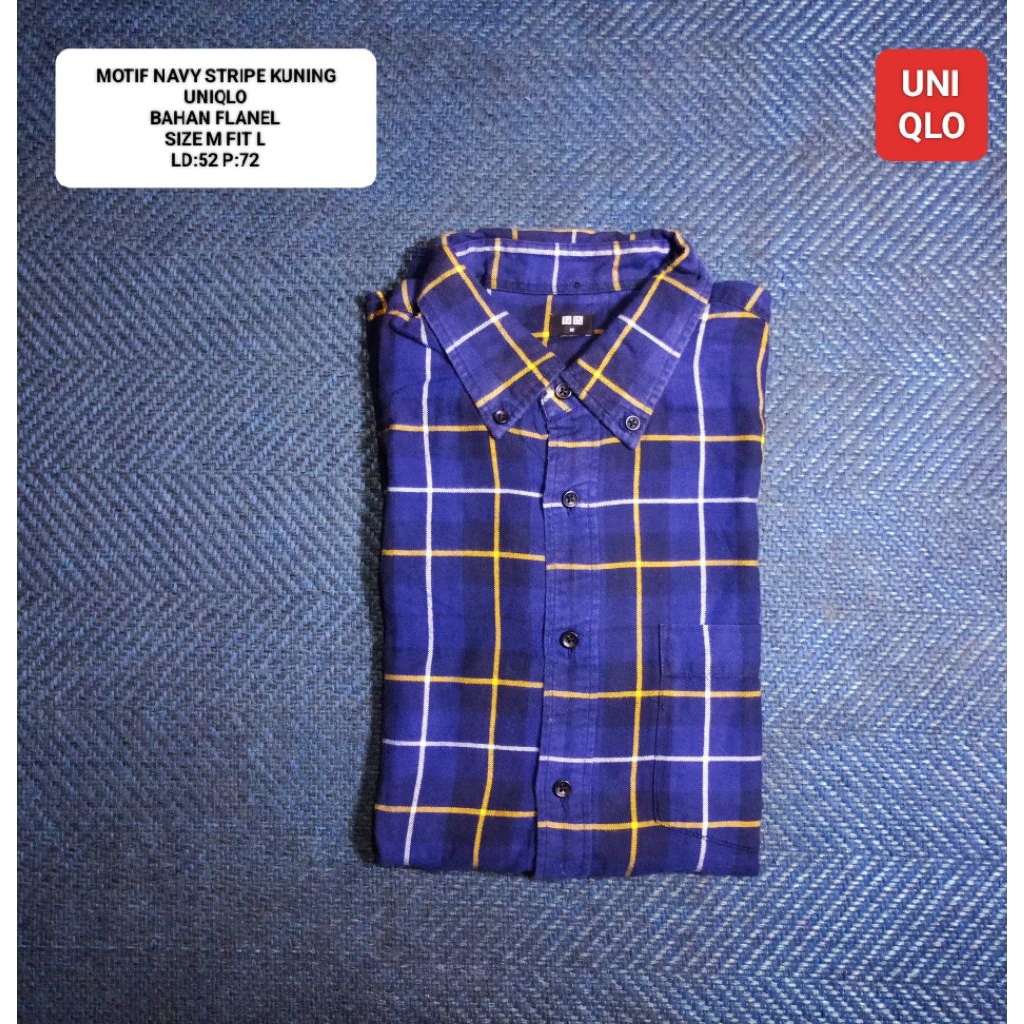 KEMEJA FLANNEL NAVY STRIPE KUNING UNIQLO OR1 SIZE M FIT L