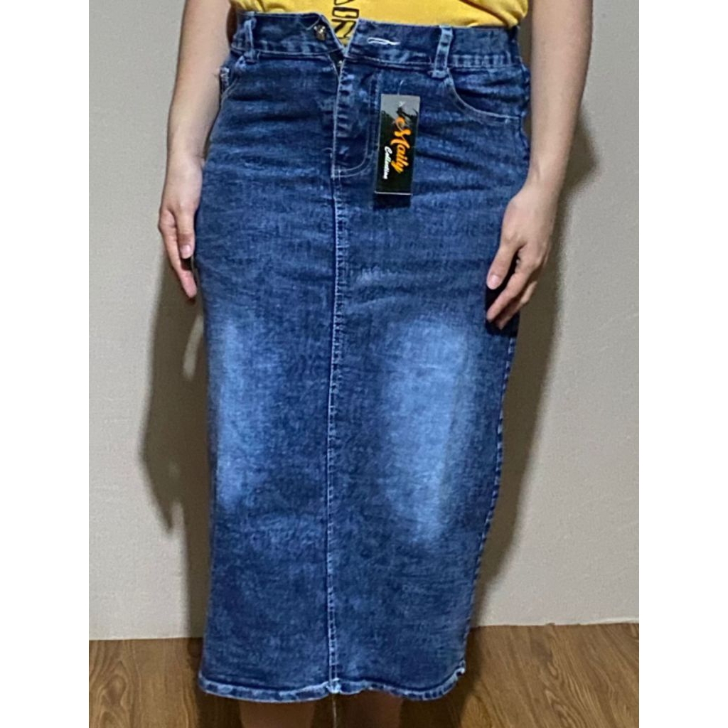Rok jeans 7/8 , rok jeans span belah depan panjang / rok duyung