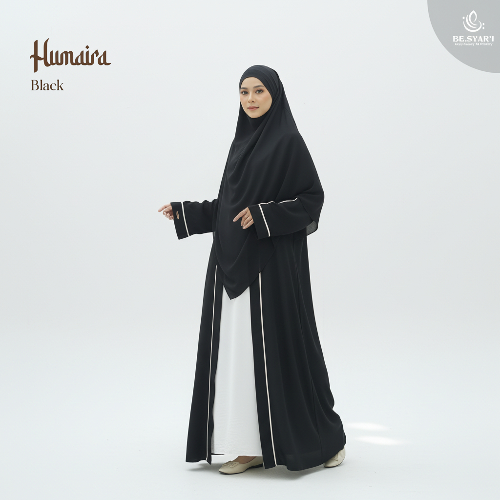 Humaira Black – Abaya Syar’i Premium Polos Hitam | French Khimar Crinkle Airflow