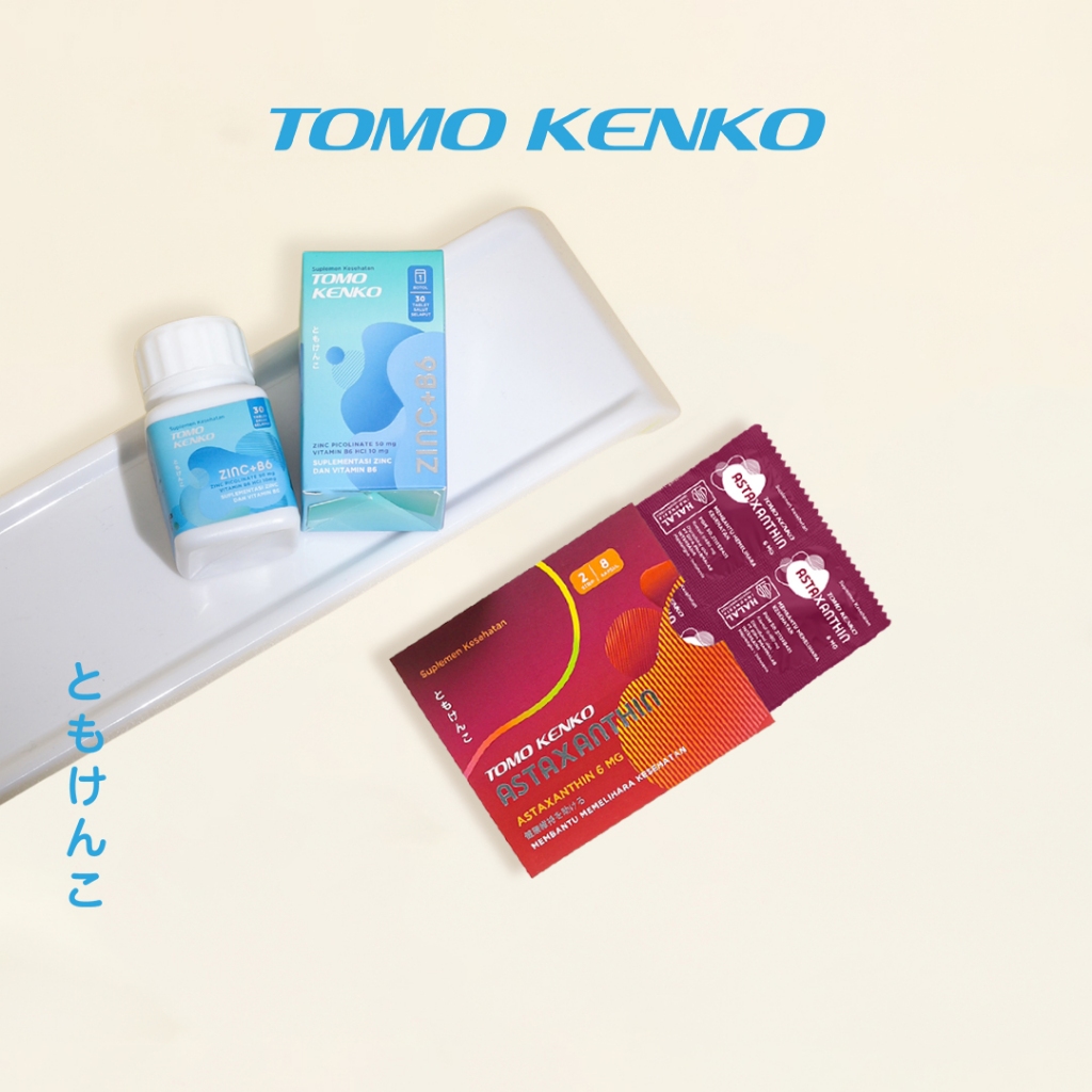 Tomo Kenko Combo Zinc + Vitamin B6 1 Botol dan Astaxanthin 6 mg 1 Sleeve | Zinc Plus Astaxanthin