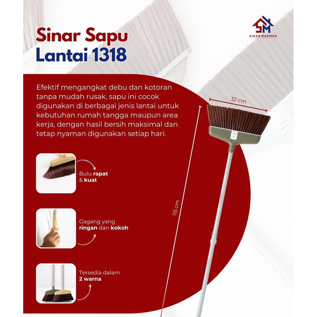 Sinar Sapu Lantai Plastik 1318 Bulu Lembut Anti Keriting Gagang Padat Ringan Kokoh Tahan Lama