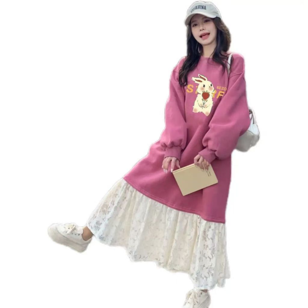 Gaun Pullover Wanita Lengan Panjang, Gaya Korea, Renda/Dress Panjang Tampilan Muda Longgar