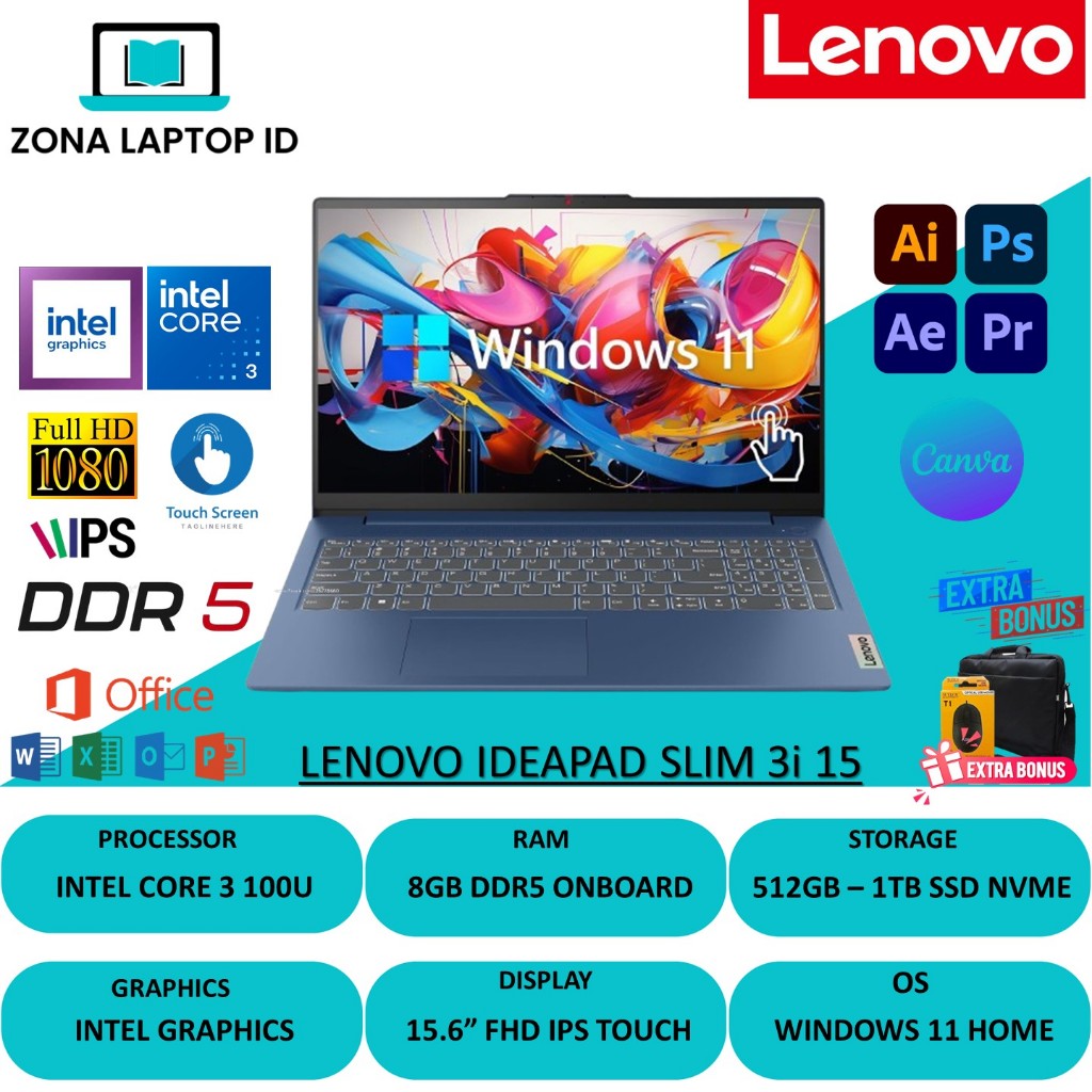 Laptop Baru Lenovo IdeaPad Slim 3i 15 Core 3 100U Intel Core i3 N305 8GB DDR5 1TB SSD Win11