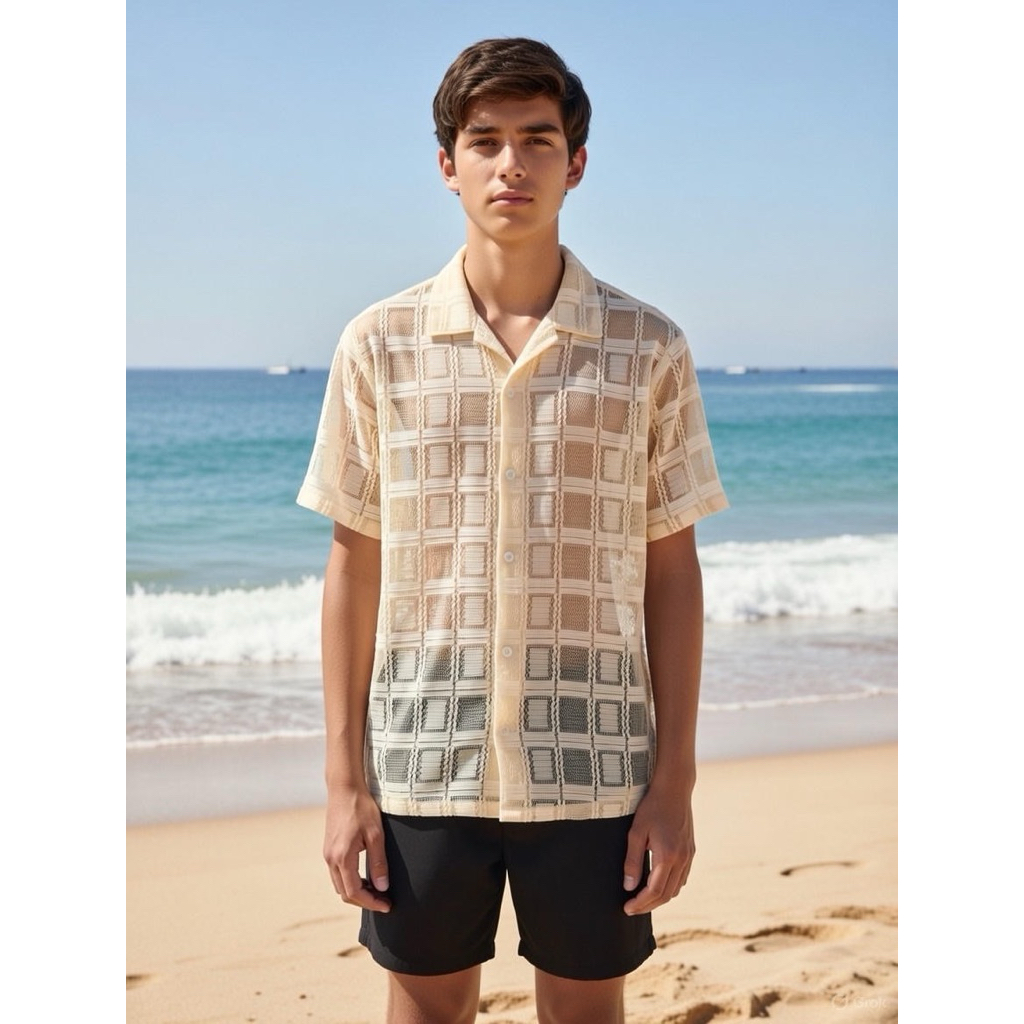 Kemeja  Rajut Transparan Pria Oversize Motif Kotak Warna Cream – Beach Style Korea | CRC Collection