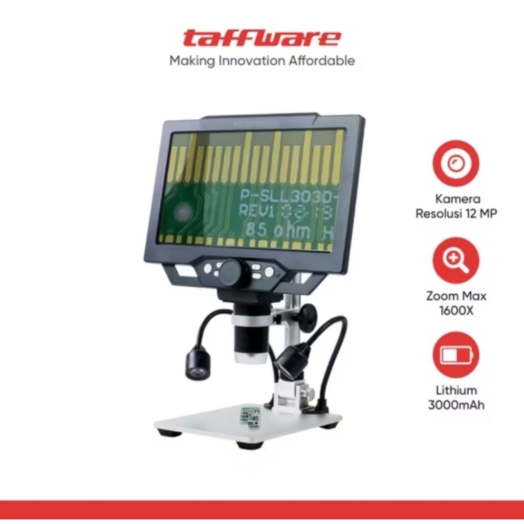 Taffware Mikroskop Digital 12MP 1600X dengan Monitor dan Metal Stand - G1600