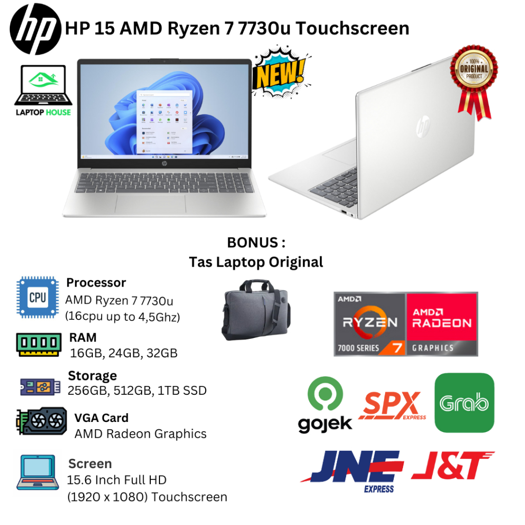 Laptop Baru Hp 15 AMD Ryzen 5 7520U 8CPU up to 4.3Ghz Touchscreen