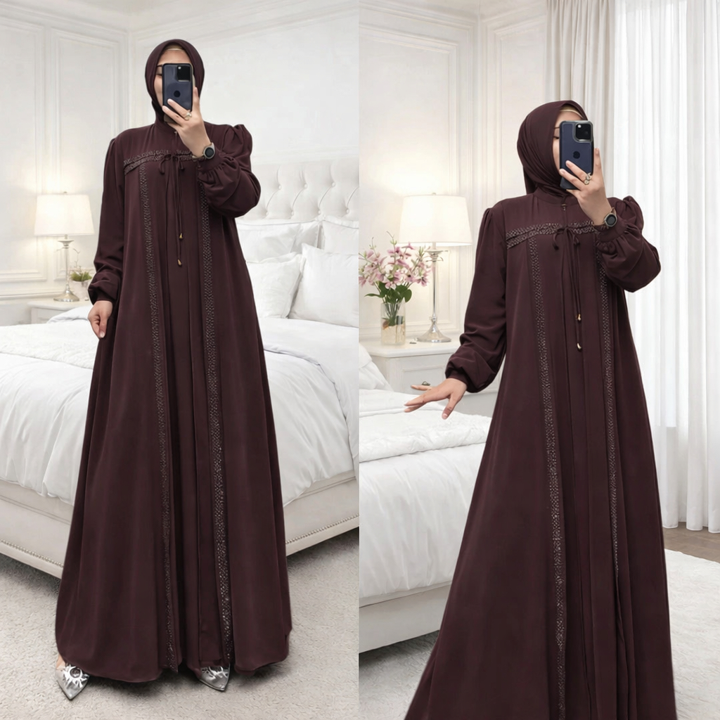 Soraya dress lebaran mewah elegan import bahan ceruty babydoll gamis kondangan varian warna mahogany