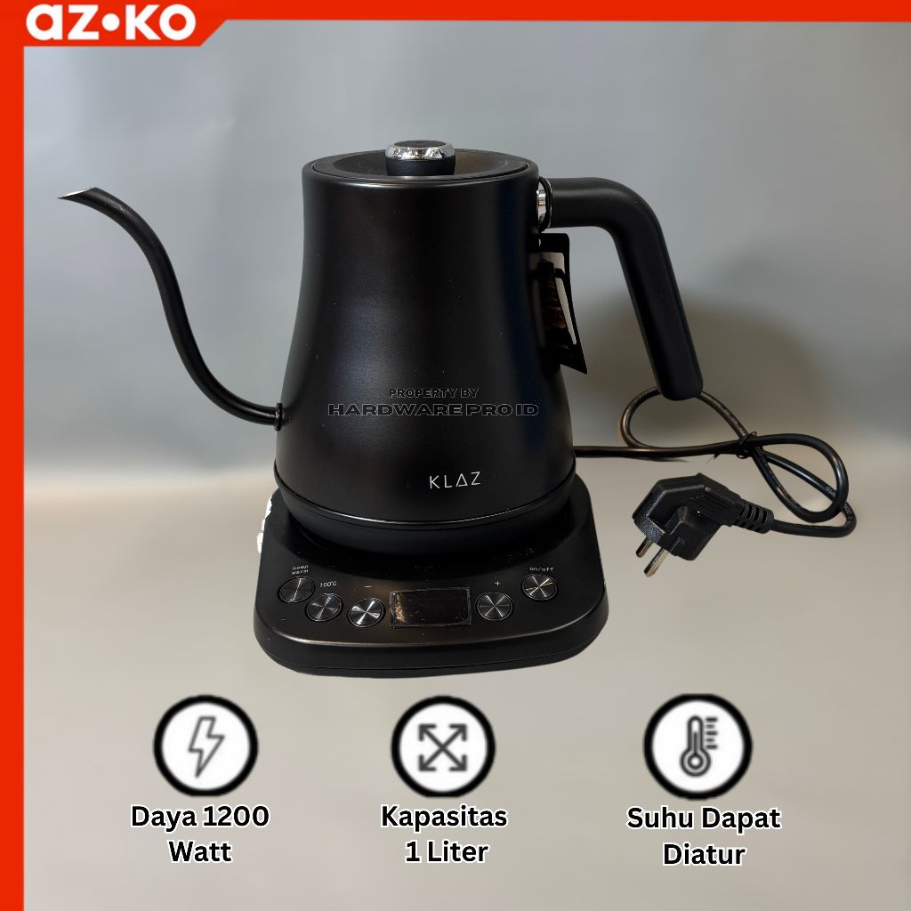 Klaz 1 Ltr Teko Listrik Digital Gooseneck - Hitam Ceret Food Grade Dengan Handle Ketel Air Leher Ang