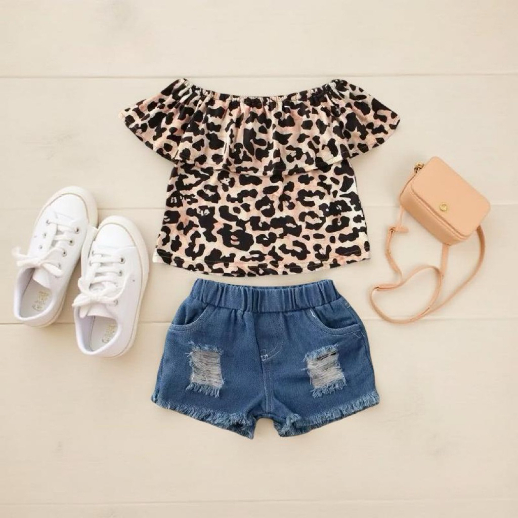 SETELAN ANAK PEREMPUAN MOTIF LEOPARD DENIM MACAN