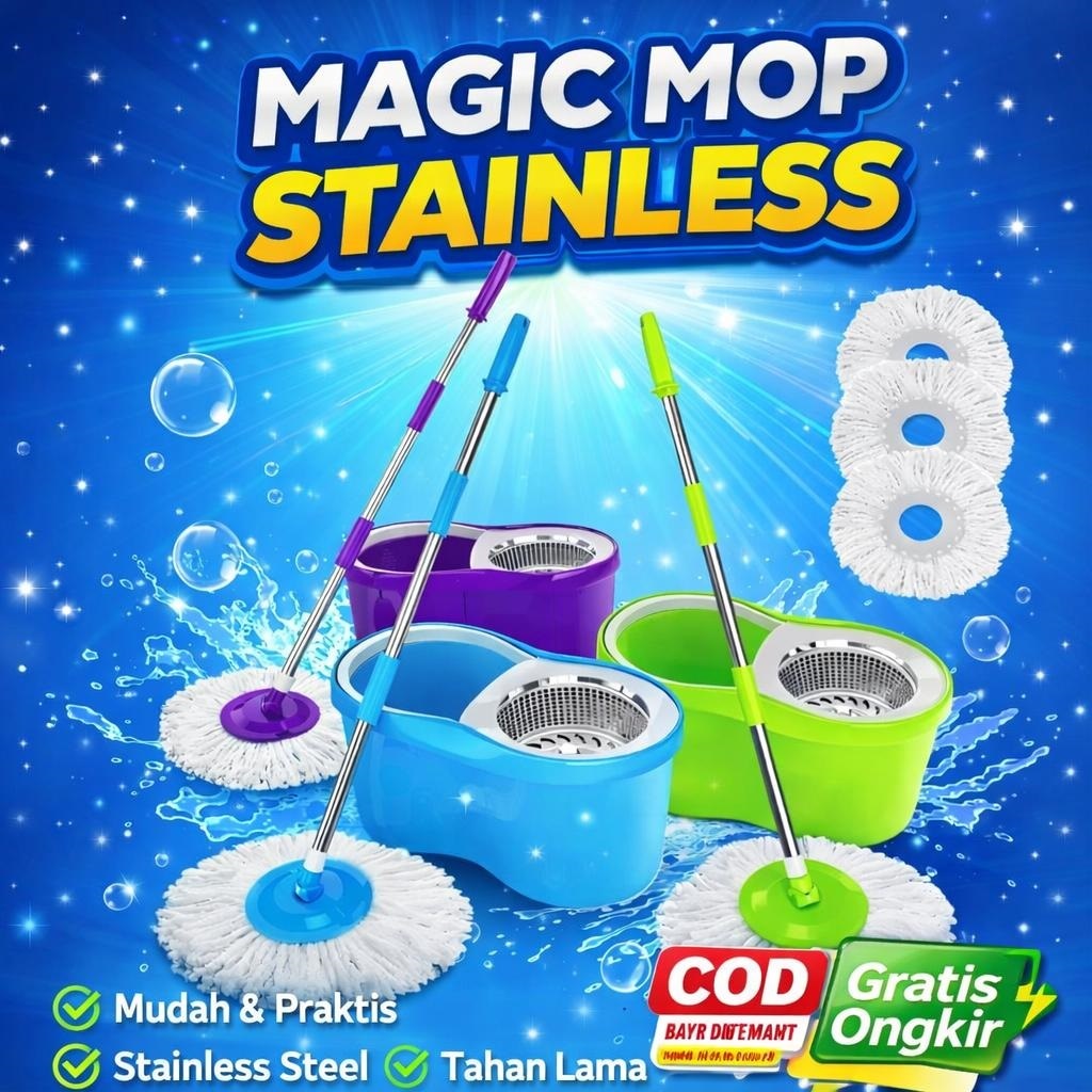 MAGIC MOP STAINLESS Alat Pel Pembersih Lantai Magic Mop Spin Mop Rotary 360 Alat Pel Putar Stainless