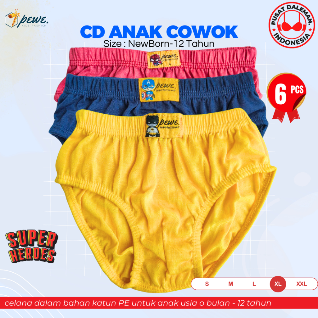 6 Pcs cd anak laki laki 10-13 thn Pewe bahan katun PE lembut dan nyaman / Cd anak Superhero / Celana
