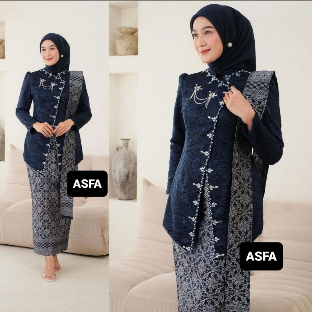 SET KEBAYA JANGGAN NAVY ORI COUPLE KEMEJA PREMIUM / CUSTOM ANAK & JUMBO / BAJU SERAGAM BATIK PASANGA