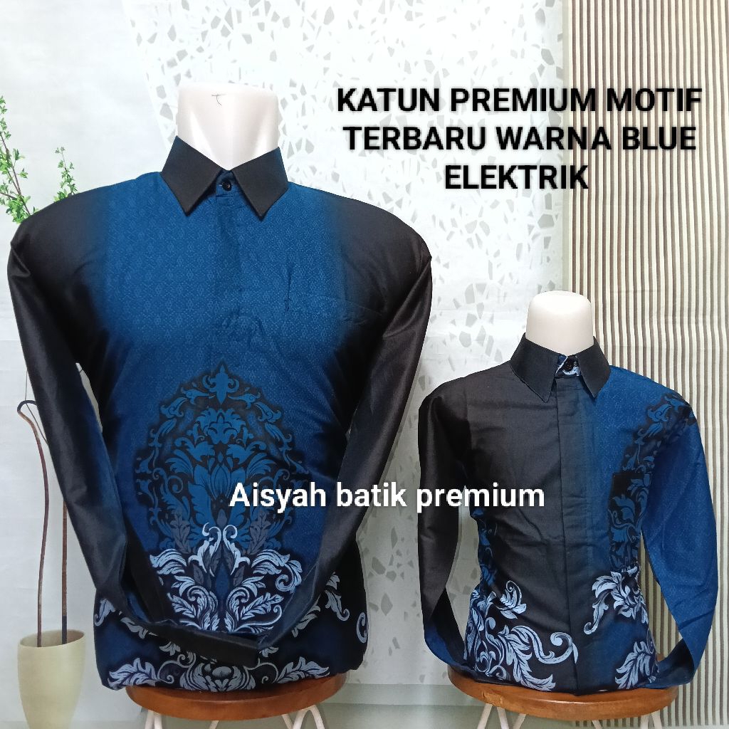 Batik terbaru couple ayah dan anak bahan katun solo premium warna biru elektrik
